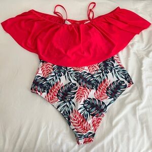SHEIN Hot Pink Tropical Leaf One Piece Swimsuit